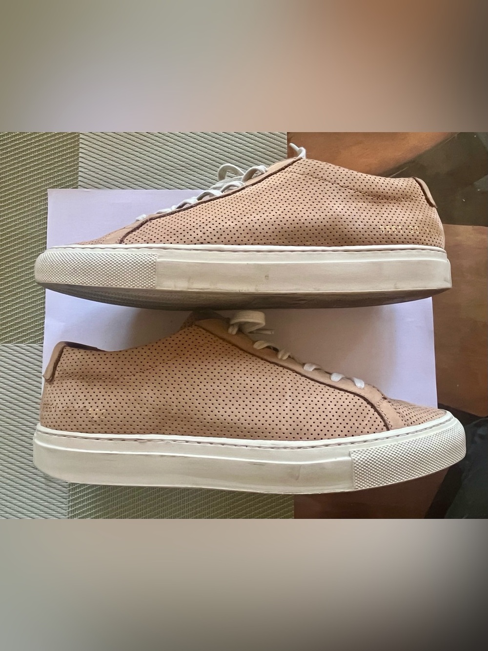 Woman By Common Projects Perforated Achilles Low Sneaker in Tan Suede, Sz 38